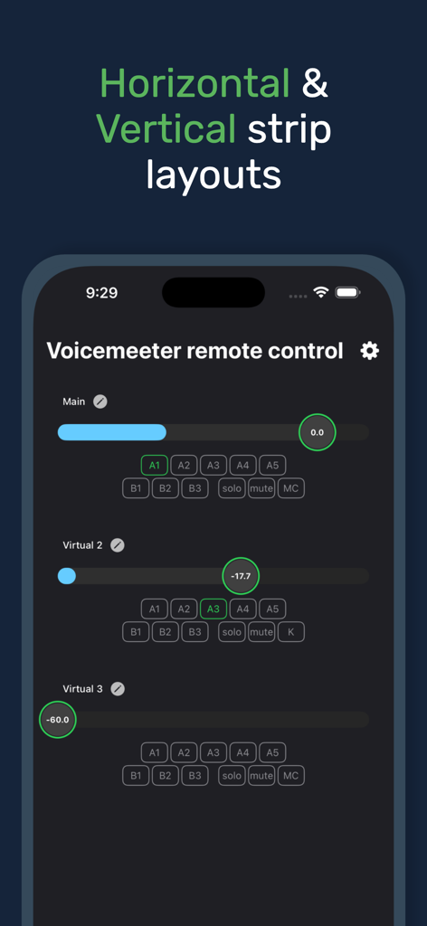 Interface de l'application Voicemeeter Remote Control présentant des dispositions de pistes audio horizontales