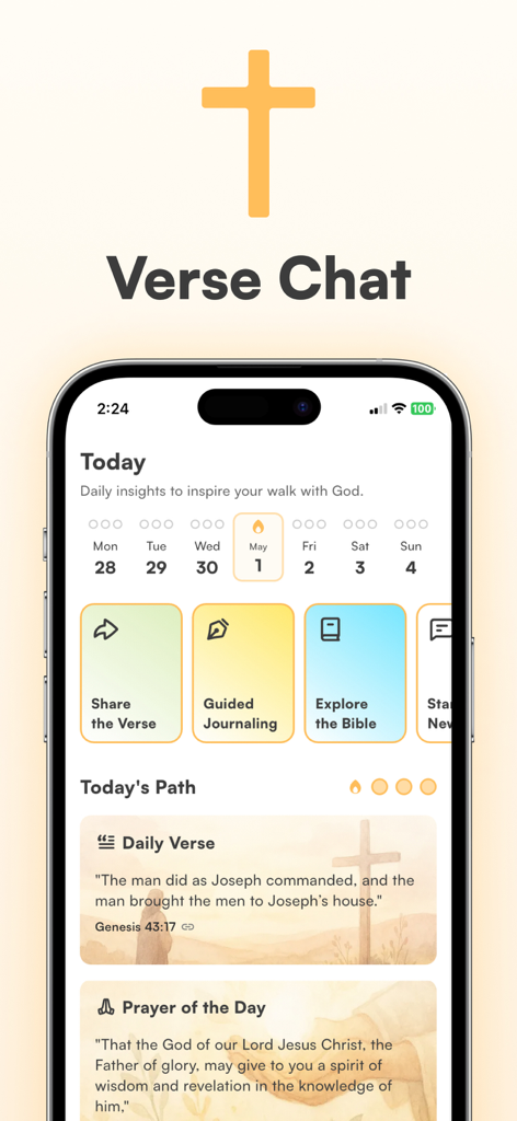 Verse Chat: Bible AI Questions - Interfaz de la aplicación Verse Chat que muestra el versículo bíblico diario y el panel de registro espiritual