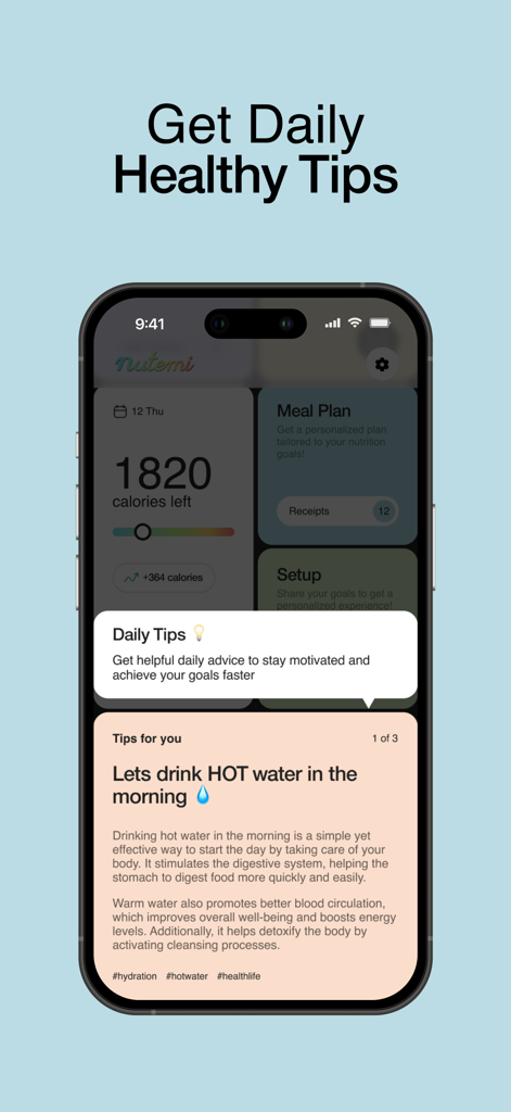 Interfaz de la aplicación Nutemi que muestra consejos saludables diarios y una pantalla de contador de calorías.