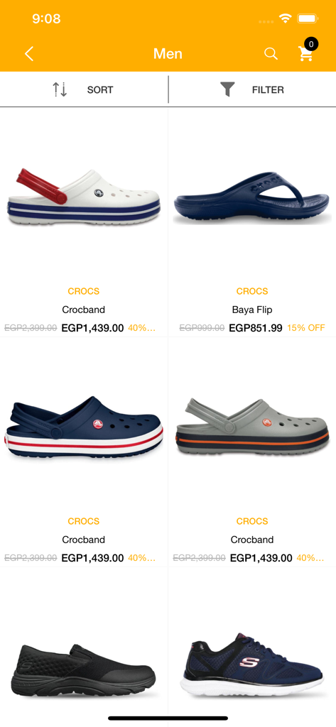 Footcourt Egypt mobile app showing a catalog of men's casual shoes from brands like Crocs and Skechers with prices and discounts