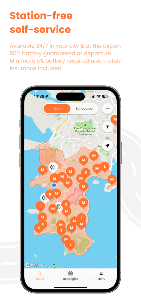 Papaye: 24/7 Car-Sharing - Map interface of Papaye car-sharing app showing available vehicles for rent
