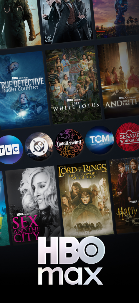 True Detective、The White Lotus、Lord of the Ringsのポスター、およびDCとAdult SwimのブランドロゴをフィーチャーしたHBO Maxコンテンツのコラージュ。