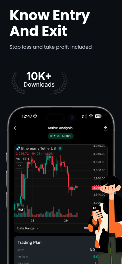 Crypto Signals: Trading Alerts - Ethereum price candlestick chart on a mobile trading signals app showing entry and exit analysis.