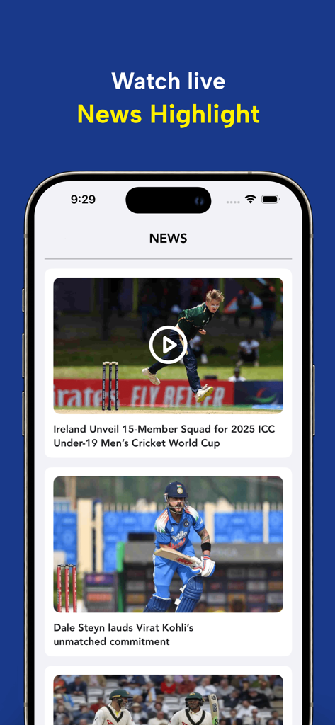 CricFy TV : Live Cricket TV - Interfaz de la aplicación CricFy TV mostrando las últimas noticias y resúmenes de cricket y actualizaciones de jugadores en un iPhone.