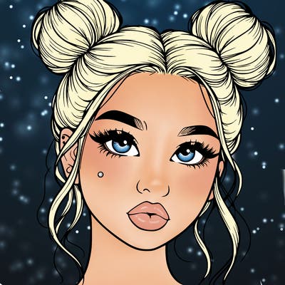 realistic girl with two buns on her hair and lips