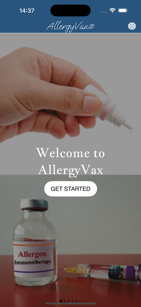 Welcome screen of the AllergyVax app showing a hand with a medical dropper and a vial of allergen immunotherapy.