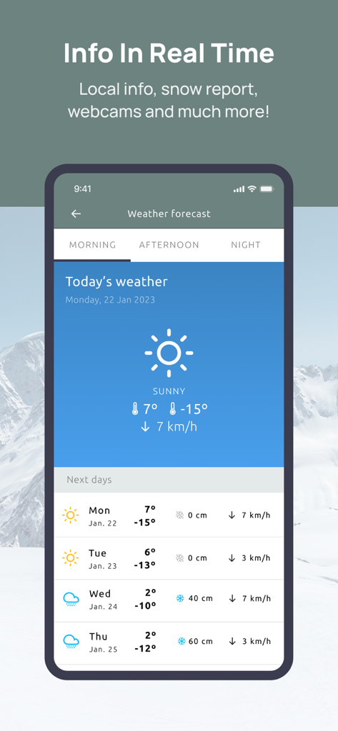Interfaz de pronóstico del tiempo e informe de nieve en la aplicación Masella