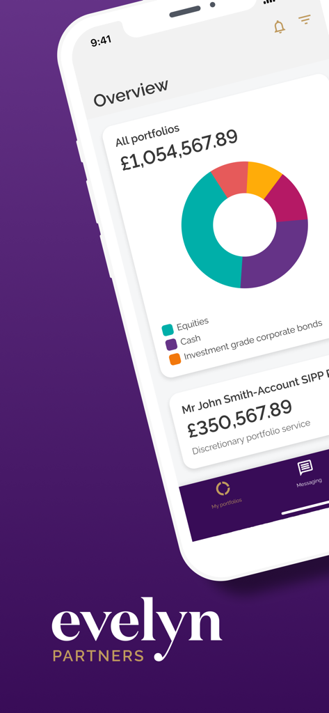 Evelyn Partners Mobile - Evelyn Partners mobile app showing a wealth management portfolio overview with total value and asset allocation chart