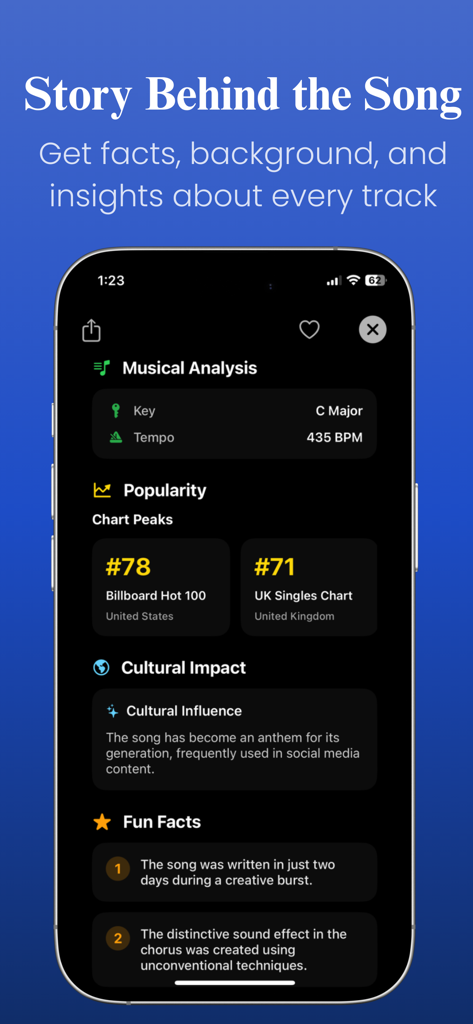 Uma tela de smartphone mostrando curiosidades sobre músicas, análise musical e histórico de paradas para uma faixa dentro do aplicativo Song Identifier.