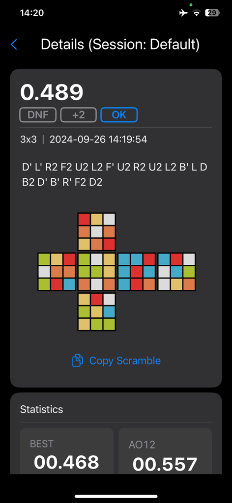 ccTimer - Camera Cube Timer - Detailed view of a Rubik's cube solve time with scramble visualization and session statistics in ccTimer.