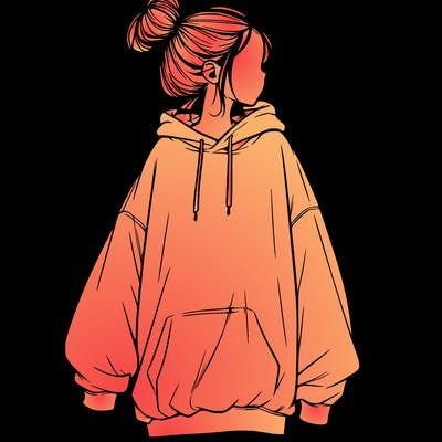 realistic girl with a oversized sweatshirt on and a bun