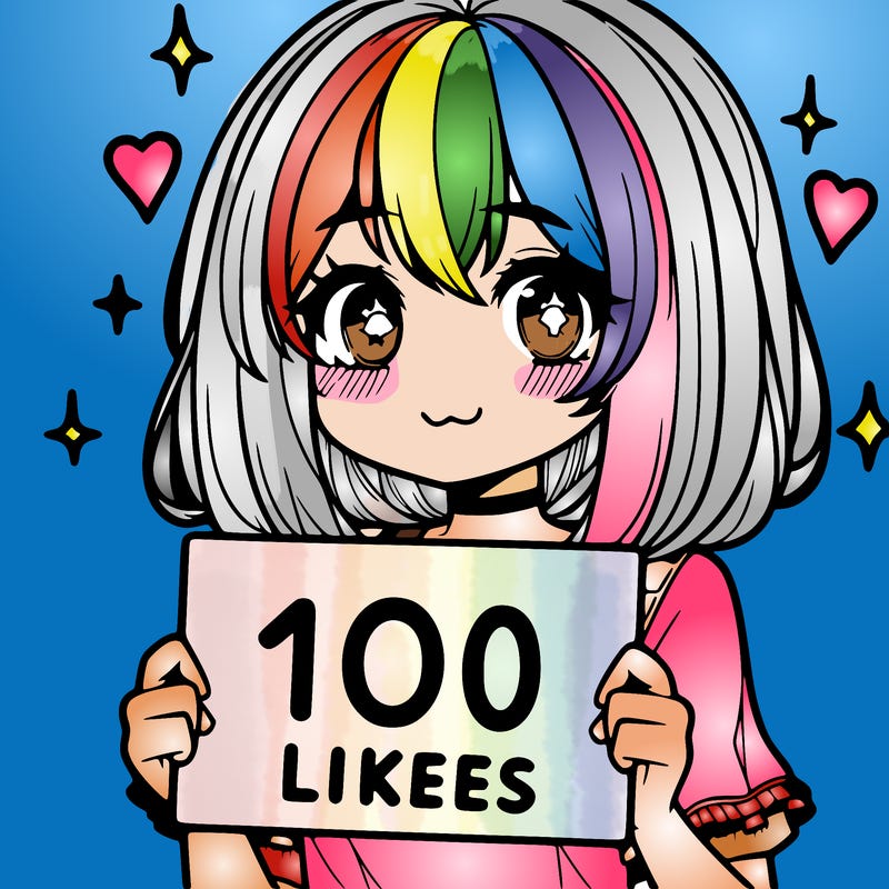 anima girl holding a 100 likes sign in her hand