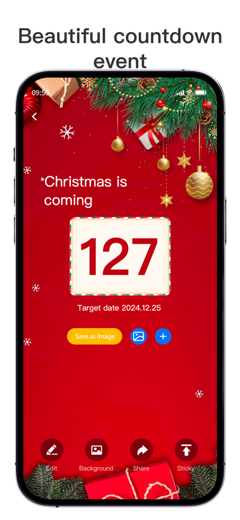 Countdown：Widget & Day Counter - A festive Christmas countdown display on a smartphone with a red holiday background