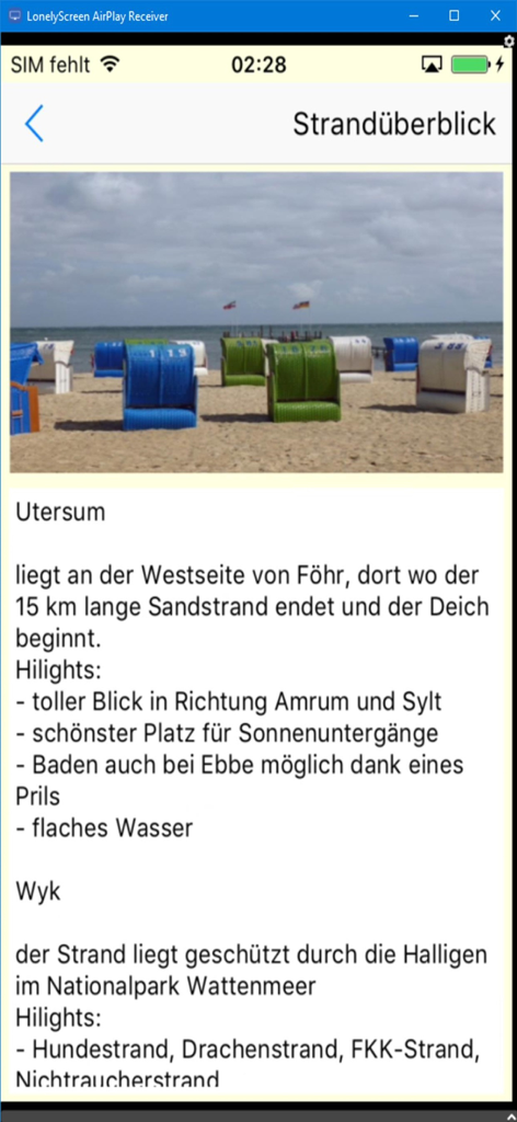 Screenshot of the Foehr app beach overview showing descriptions and photos of Utersum and Wyk beaches
