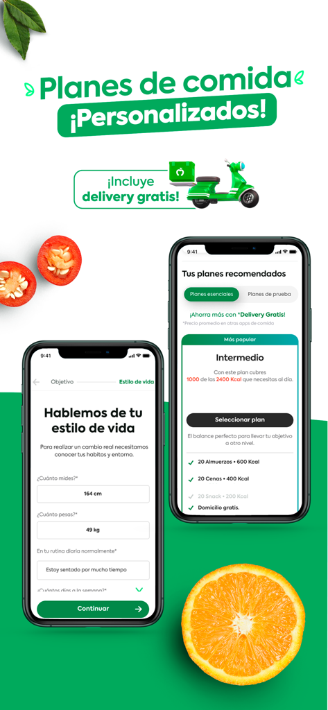 Manzana Verde - Healthy food - Pantallas de la app móvil Manzana Verde mostrando opciones de planes de comidas saludables personalizados y un cuestionario de perfil de usuario para objetivos nutricionales