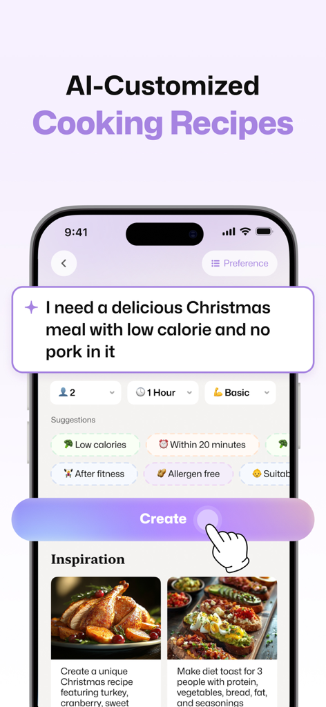 Well AI app interface for generating customized healthy cooking recipes