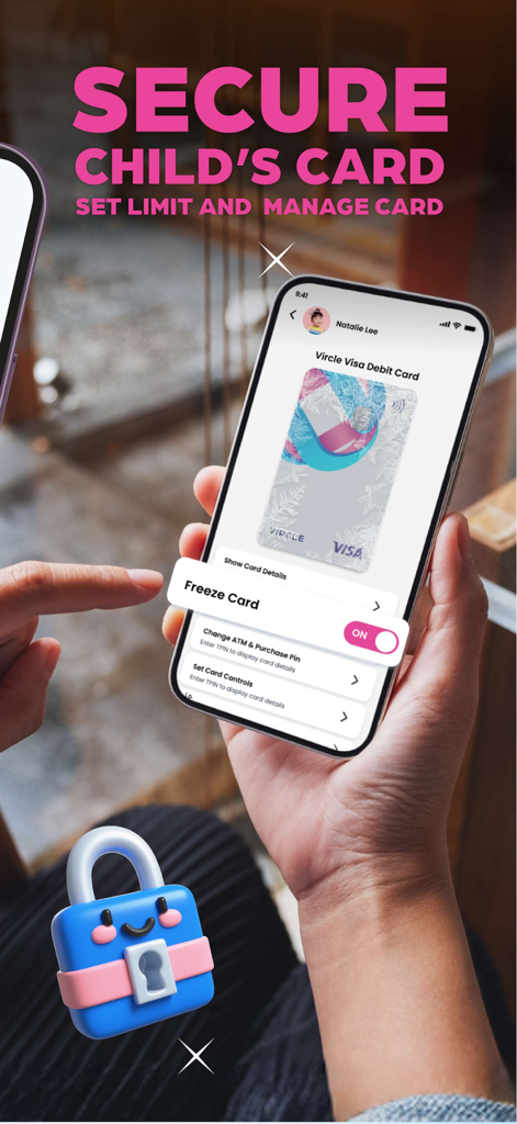 A person holding a smartphone showing the Vircle app card management screen with options to freeze the card and set controls