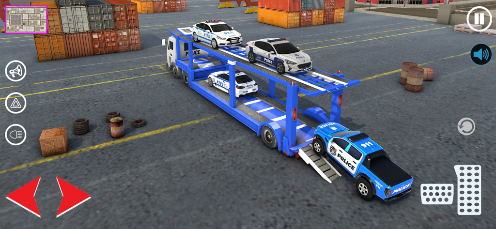 US Police Car Transporter Game - Un camión transportador de policía azul cargando coches de policía y un SUV en un entorno de juego de simulación 3D