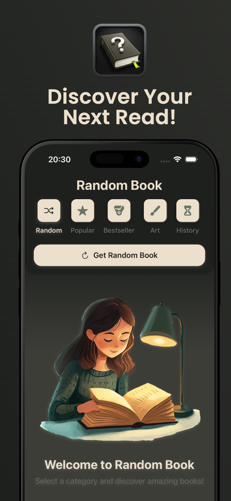 Random Book: Book Picker - Pantalla de inicio de la aplicación Random Book mostrando la selección de géneros y el botón de descubrimiento de libros.