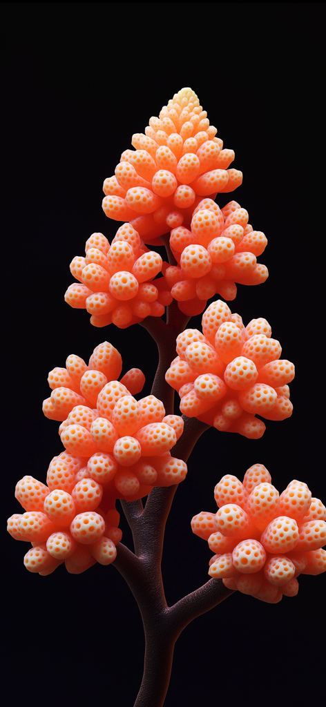 Future Botanica - Future Botanica 앱의 주황색 다공성 질감을 가진 투기적인 디지털 식물