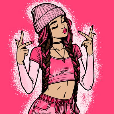 realistic teenage girl with braids and a beanie and crop top doing 🫶🏼