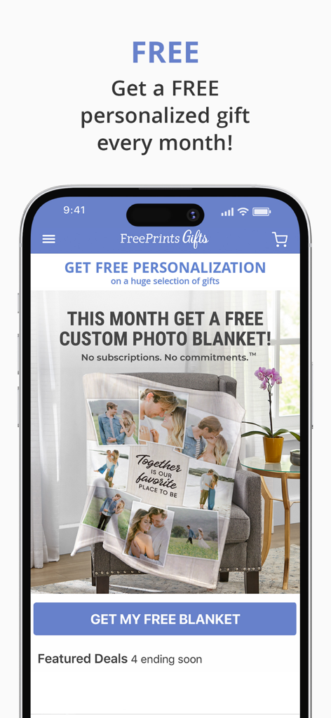 FreePrints Gifts App zeigt ein Monatsangebot für eine kostenlose individuelle Fotodecke.
