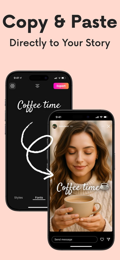Fontini: fonts for ig story - Fontini-App, die zeigt, wie man benutzerdefinierte ästhetische Schriftarten direkt in eine Instagram-Story kopiert und einfügt.