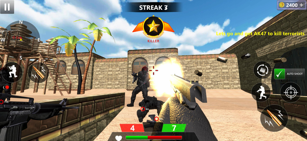 Sniper Pure Team Swat Games - First person perspective of tactical SWAT combat in a desert courtyard environment