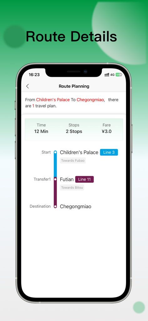 English route planning screen for the Shenzhen Metro app showing travel time and fare
