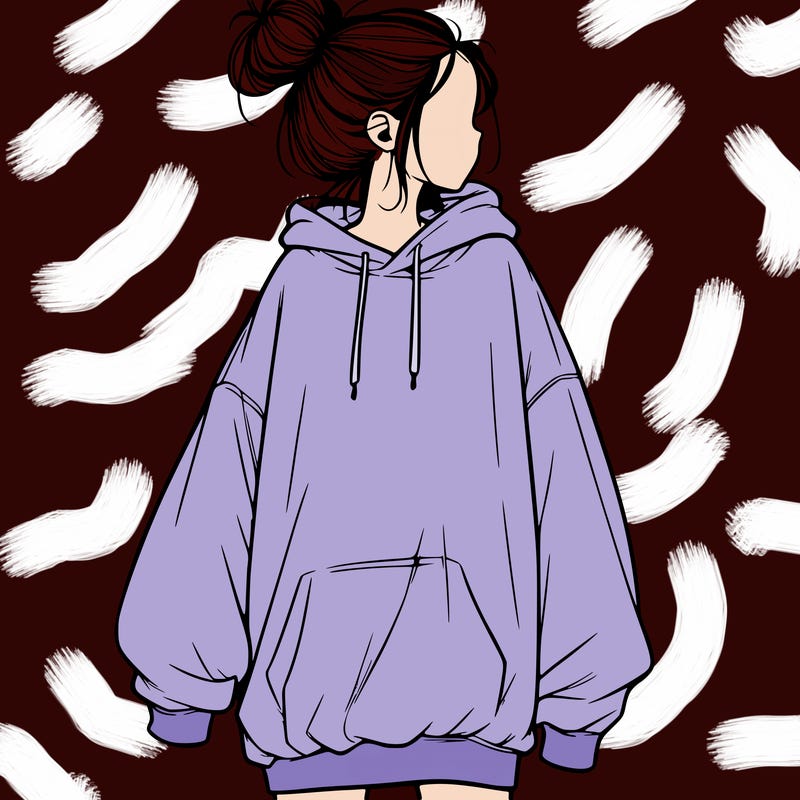 realistic girl with a oversized sweatshirt on and a bun