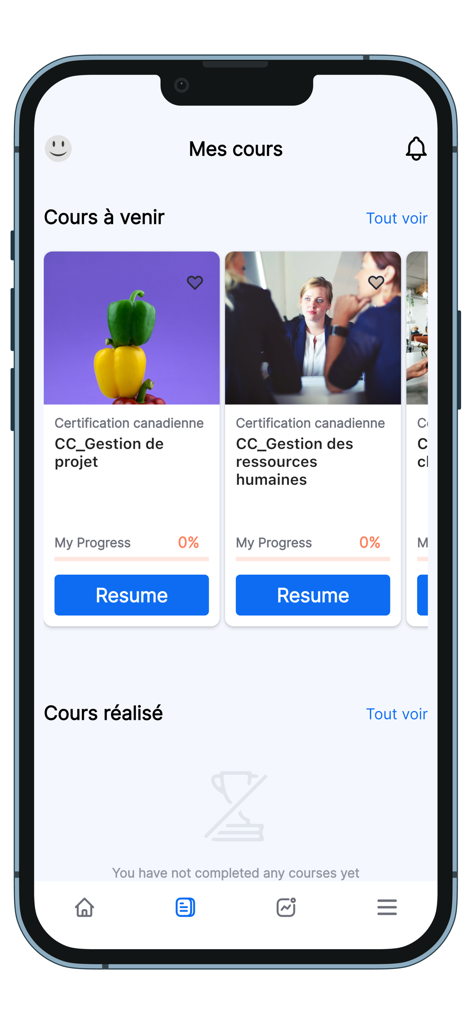 ESMIA Innovation - Dashboard of the ESMIA Innovation app displaying upcoming courses in project management and human resources.