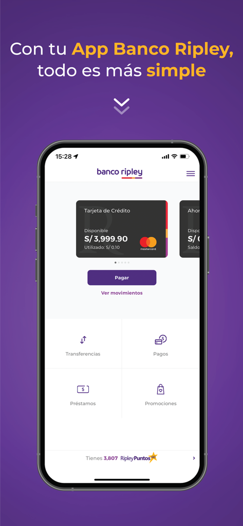 Banco Ripley Perú - Écran de l'application mobile Banco Ripley Peru montrant le tableau de bord de la carte de crédit et les options bancaires