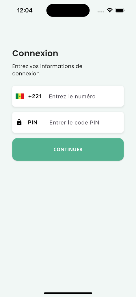 Samir Moneyログイン画面。セネガルの電話番号とPINの入力フィールドが表示されている
