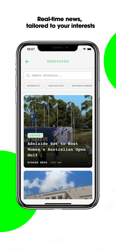 Smartphone screen displaying the Newsnap app personalized news feed.