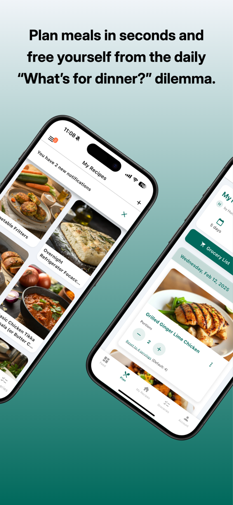 Interface of My Meals app showing a recipe gallery and a daily meal plan for Grilled Ginger Lime Chicken.