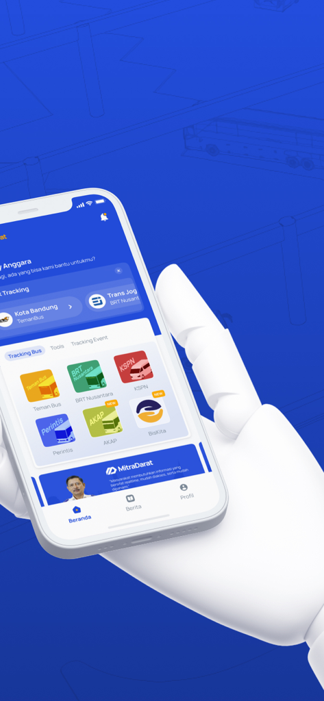 Tableau de bord de l'application mobile MitraDarat avec des icônes de suivi de bus et de services de transport