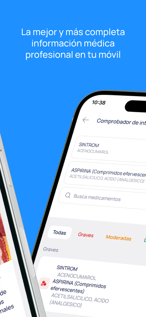 Tela do smartphone mostrando o verificador de interações medicamentosas do aplicativo iDoctus com listas de medicamentos em espanhol.