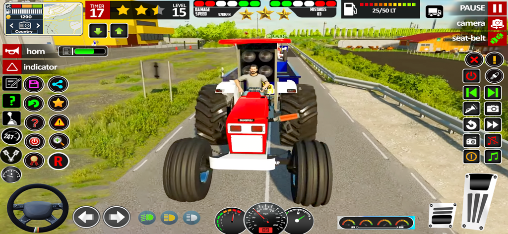 Tractor Games: Tractor Driving - A red tractor driving on a rural road with a detailed dashboard and farming simulation controls