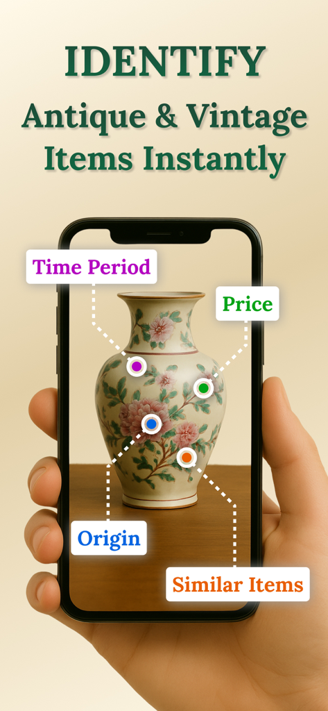 Vintapp app interface identifying a vintage vase with tags for price time period and origin