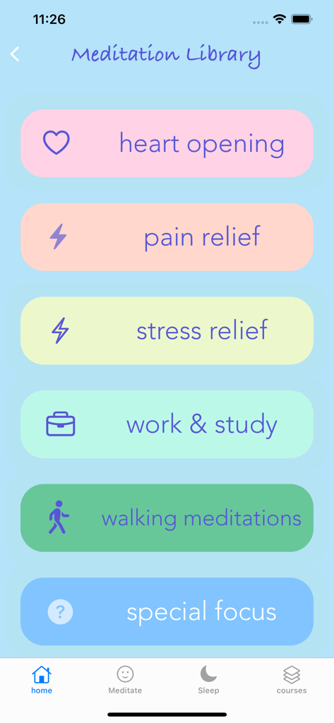 Meditation Oasis: Simply Being - Meditation Library screen showing categories for heart opening, pain relief, stress relief, and walking meditations