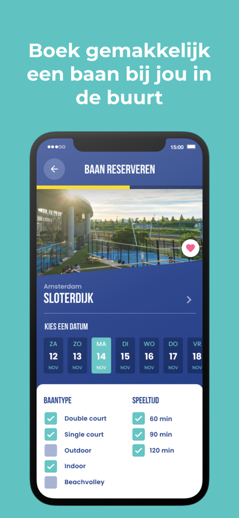 Peakz Padel - Mobile screen of the Peakz Padel app showing court booking options including date location and court type selection