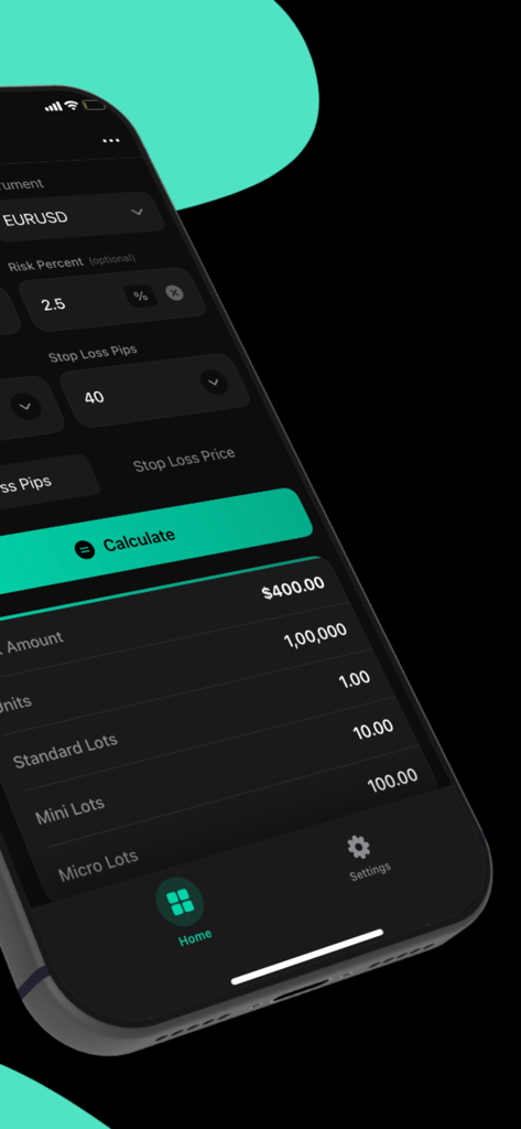 Forex Calculator : Pips & Lot - Pantalla de la aplicación móvil que muestra cálculos de tamaño de lote de forex para EURUSD, incluyendo lotes estándar y micro