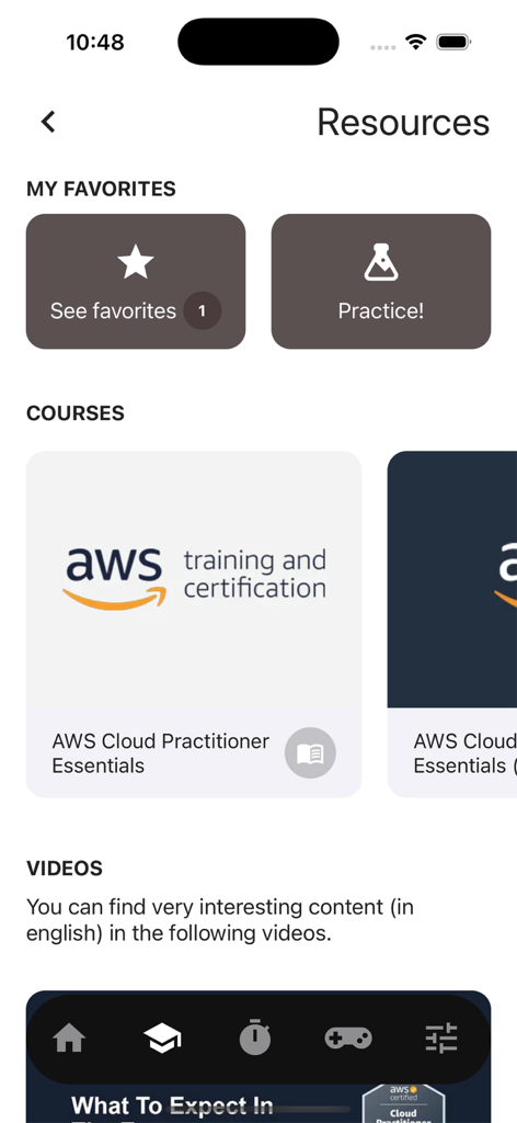 AWS Cloud Practitioner CLF-C02 - Ressourcenseite der AWS Cloud Practitioner-App mit Kursmaterialien und Favoriten.
