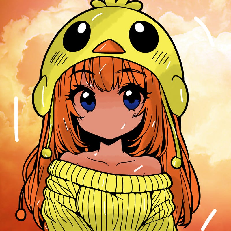 anime girl with chick shaped hat with sweater with bare shoulders with bangs covering them one eye with low tail