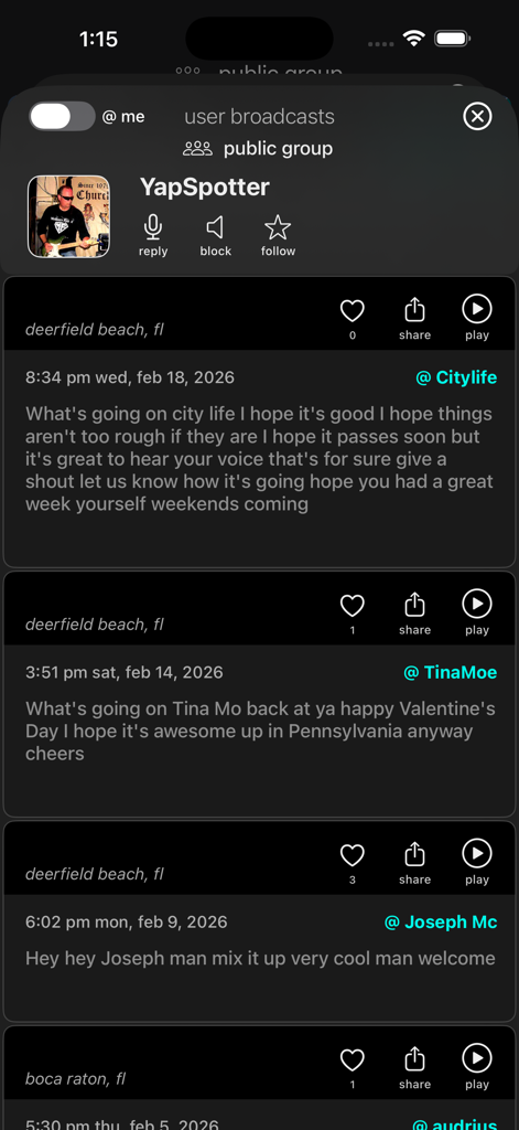 Interface of YapSpot app showing user broadcasts with speech to text transcription