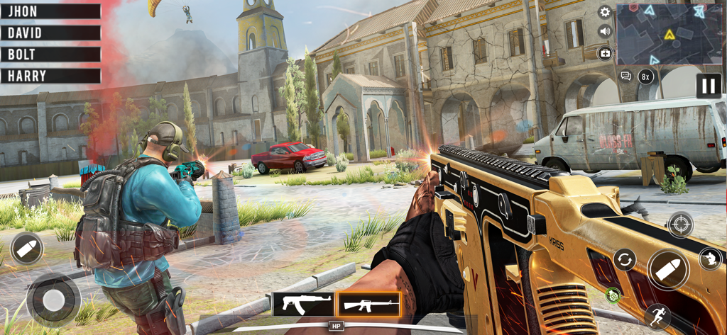 First person view of a commando shooting a gold weapon in a tactical urban environment.