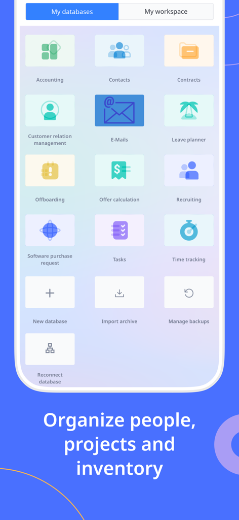 Oberfläche der Ninox App, die mehrere Datenbankvorlagen für Geschäftsaufgaben wie CRM-Buchhaltung und Projektmanagement zeigt