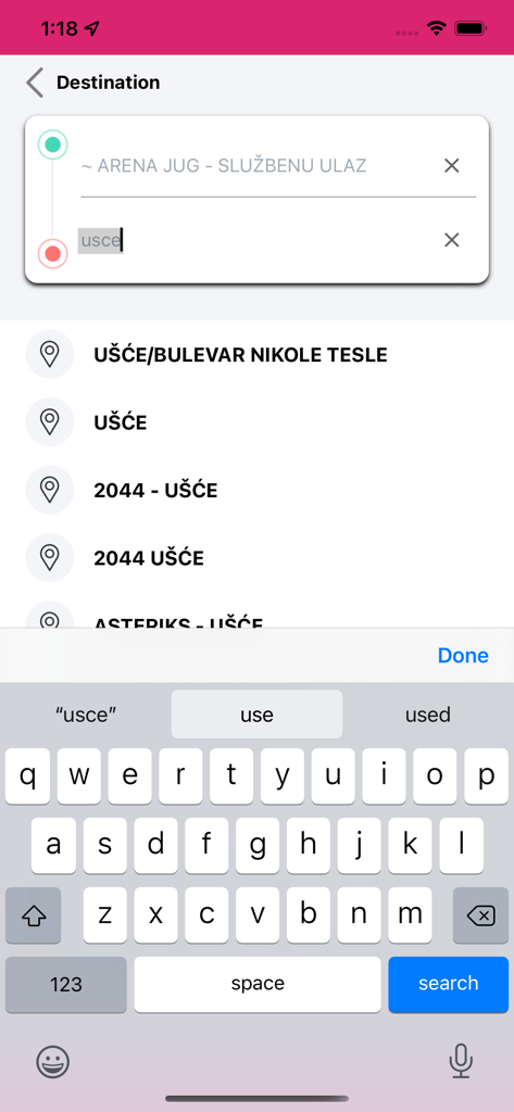 Pink Taxi Beograd app destination search screen with location suggestions