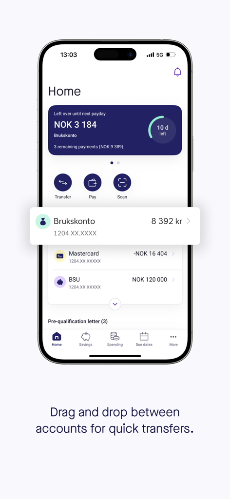 Sbanken mobile banking app home screen showing accounts and drag and drop transfer feature