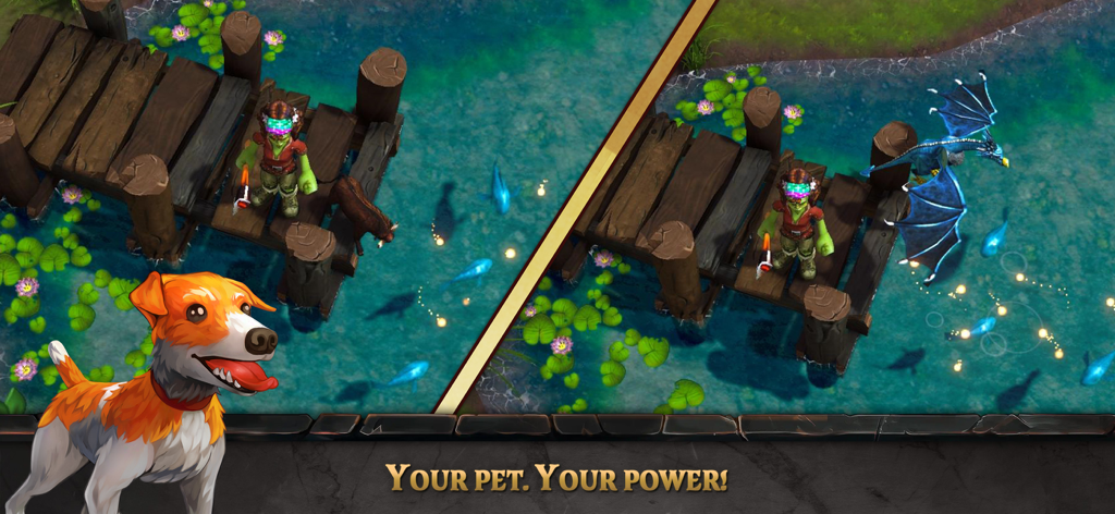 FATE: Reawakened - Un héros sur un quai en bois montrant un chien familier et sa transformation en dragon